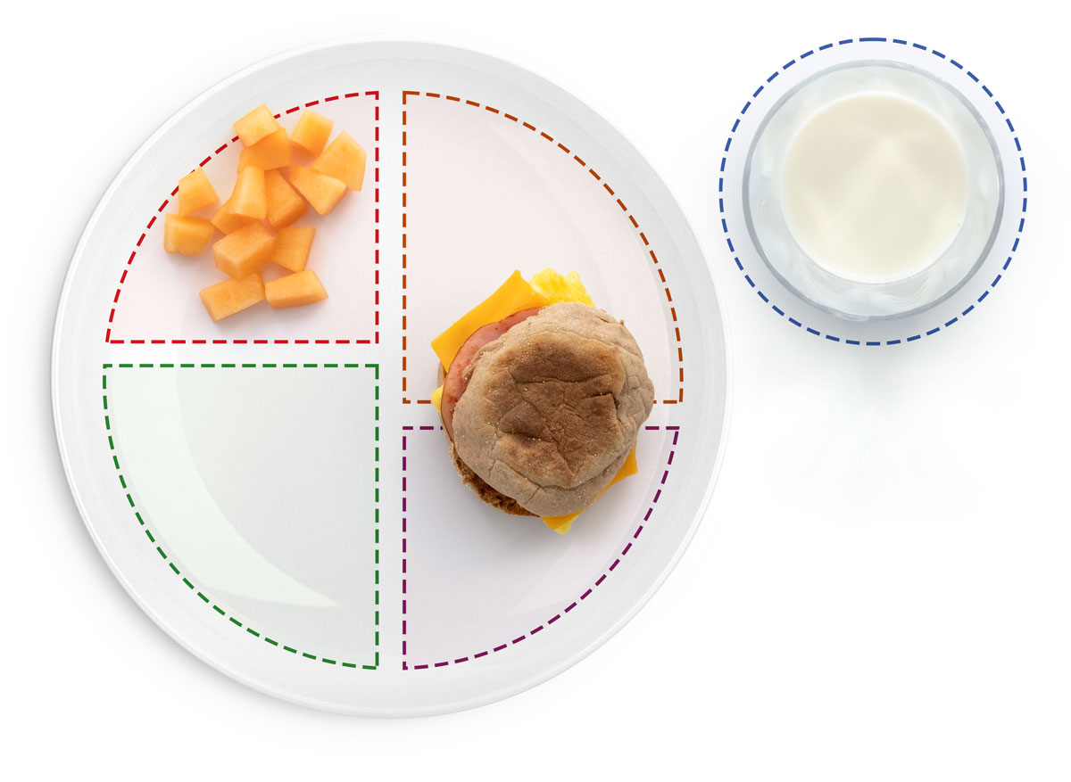 Canadian bacon, egg and cheese breakfast sandwich with a side of cantaloupe