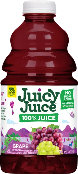 Juicy Juice grape bottle with vibrant label displayed.