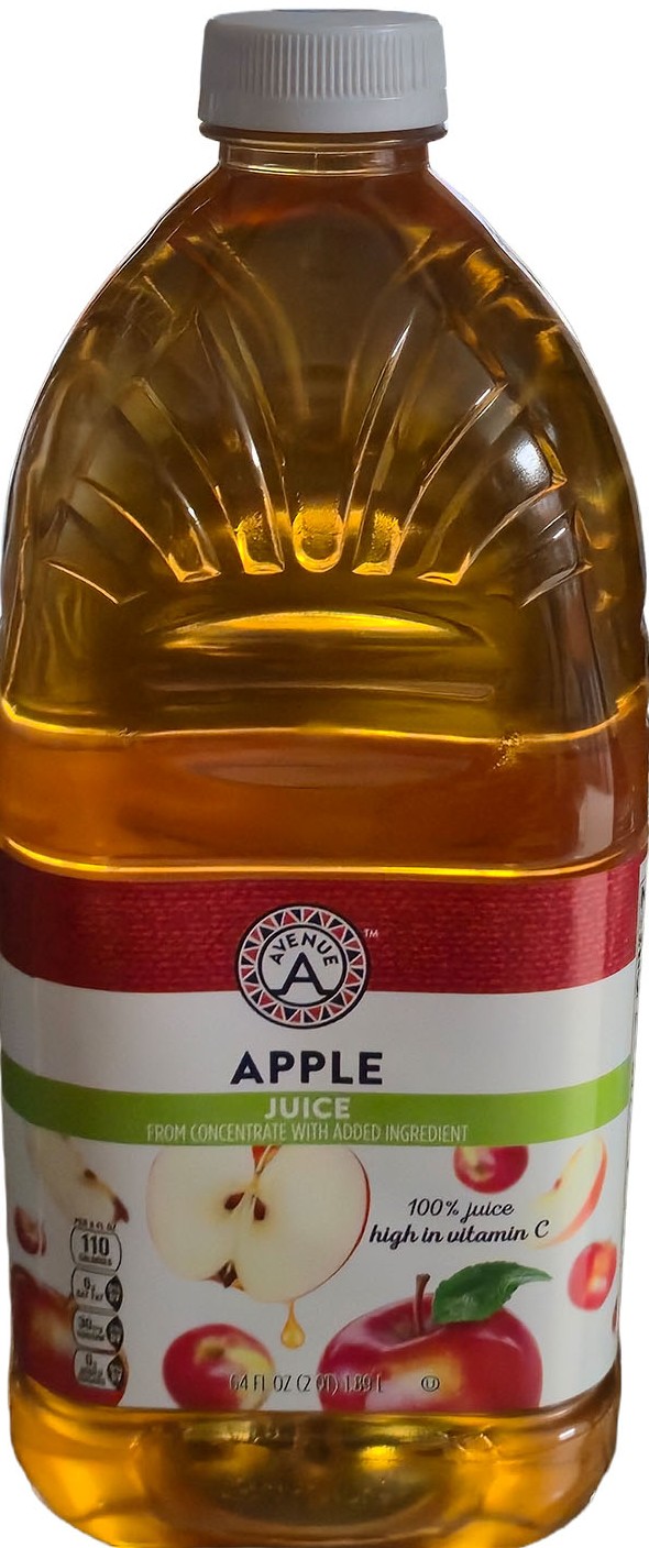 Large bottle of apple juice with label details