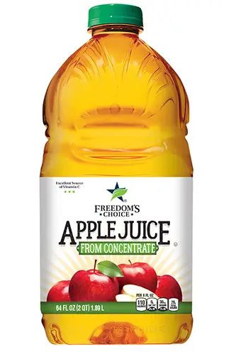 Apple juice bottle featuring vibrant red apples.