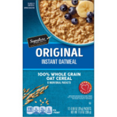 Box of Signature instant oatmeal displaying ingredients